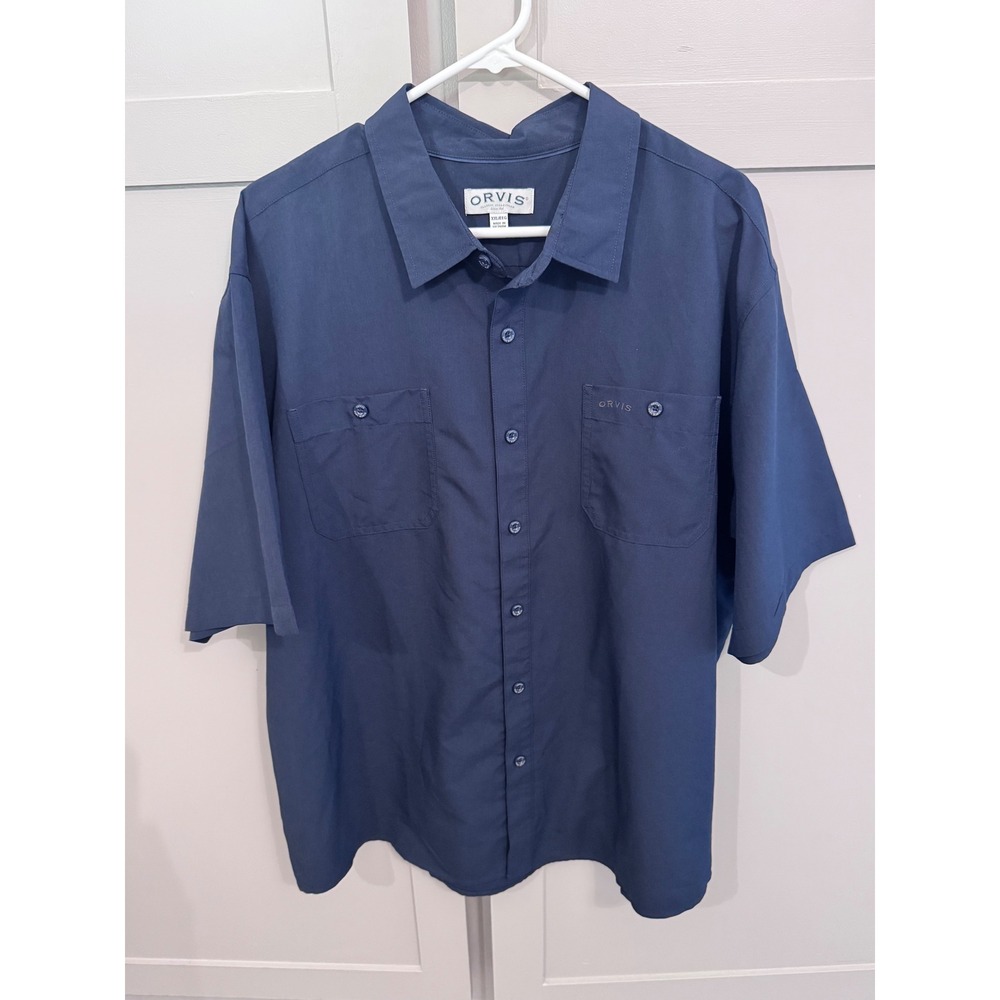 Men's orvis XXL Navy Blue Short Sleeve Button Down Utility Shirt Classic
